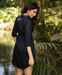 Navy Waist Gathered Curved Hem Linen Dress